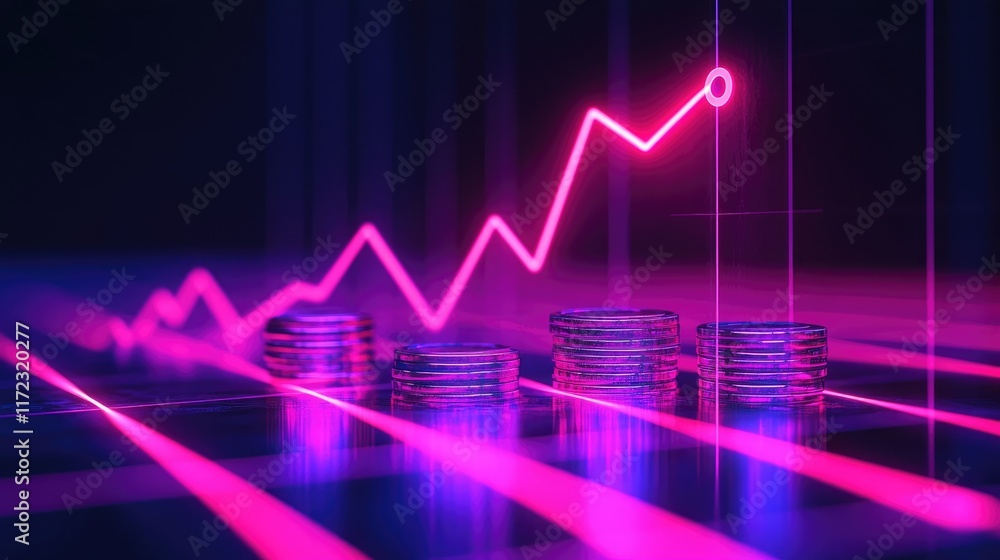 A glowing line graph rising with coins at the base, business progress symbol, cyberpunk neon style, isolated on white background A glowing line graph rising with coins at the base, business progress symbol, cyberpunk neon style, isolated on white background