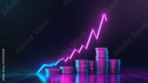 A glowing line graph rising with coins at the base, business progress symbol, cyberpunk neon style, isolated on white background photo