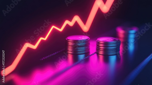 A glowing line graph rising with coins at the base, business progress symbol, cyberpunk neon style, isolated on white background photo