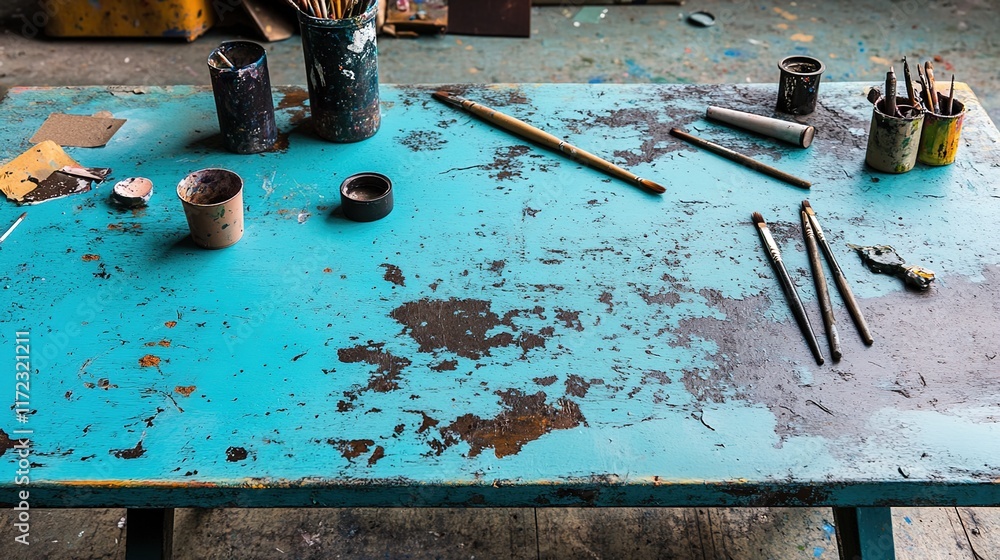 Vibrant Blue Table with Art Supplies in Creative Workspace Vibrant Blue Table with Art Supplies in Creative Workspace