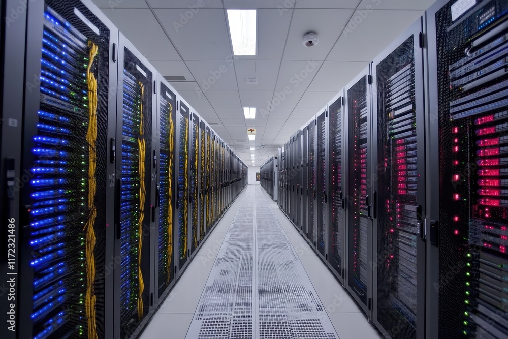 Fototapeta premium Wide View of a Modern Data Center With Rows of Illuminated Servers and Organized Cabling