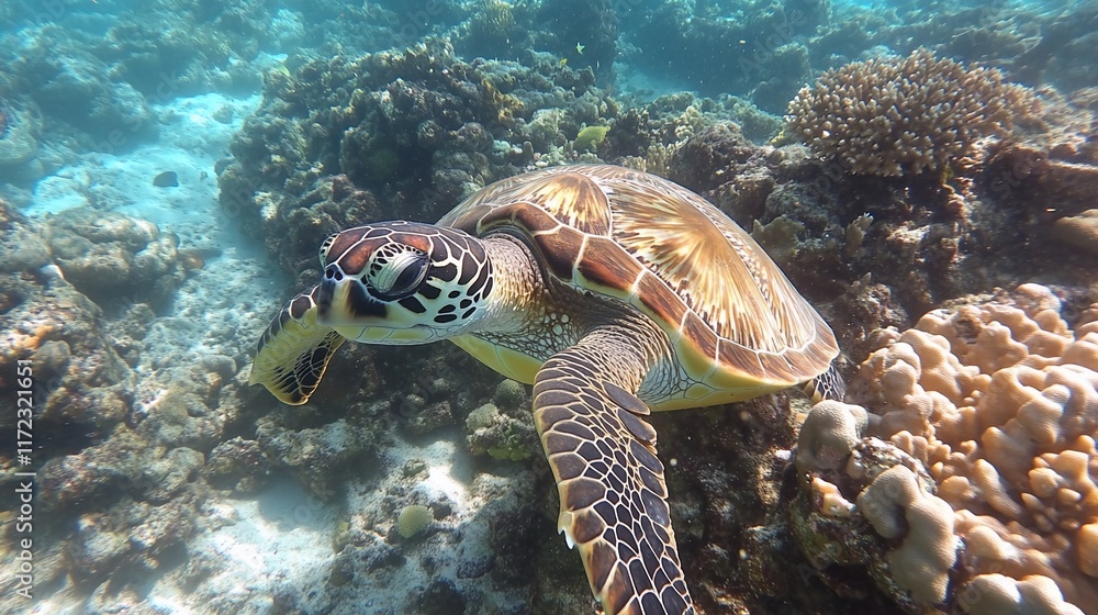Fototapeta premium Sea turtle swimming near coral reef.