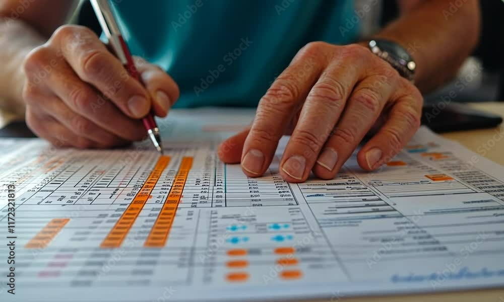 A person writing on a printed document with orange highlights and a pen. A person writing on a printed document with orange highlights and a pen.