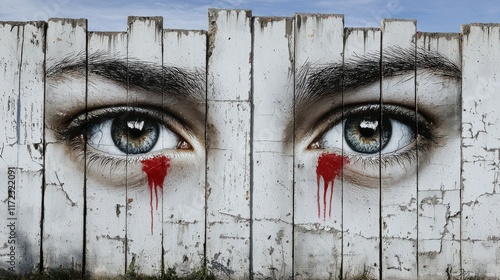 Striking Urban Art Mural Featuring Realistic Eyes with Red Tears on a Cracked White Wall, Capturing Emotions and Social Commentary in a Gritty Environment