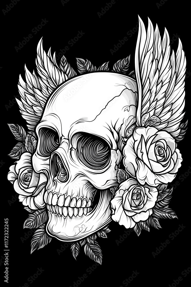 Fototapeta premium A skull with wings and roses on it