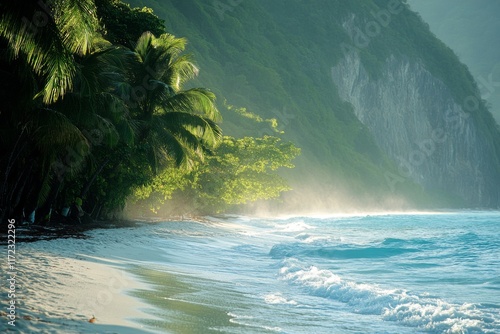 Tropical waterfall surrounded by lush green jungle photo