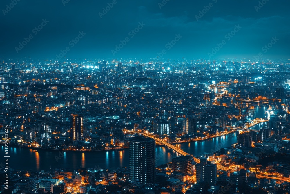 Fototapeta premium City skyline at night with glowing buildings and street lights