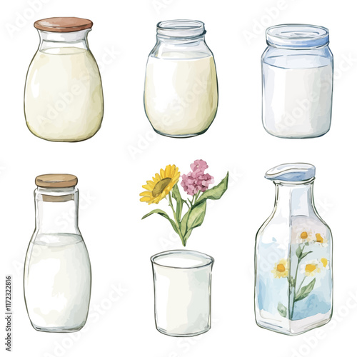 A watercolor vector painting of Alternative Milk Options, isolated on a white background. Alternative Milk Options vector.


