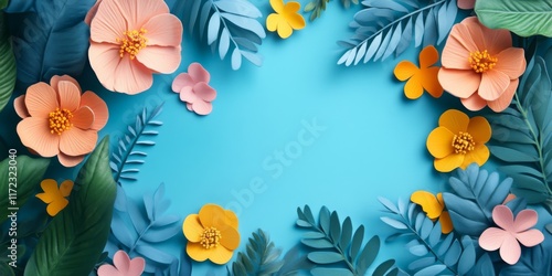 Flat lay of tropical flowers with green leaves on a blue background