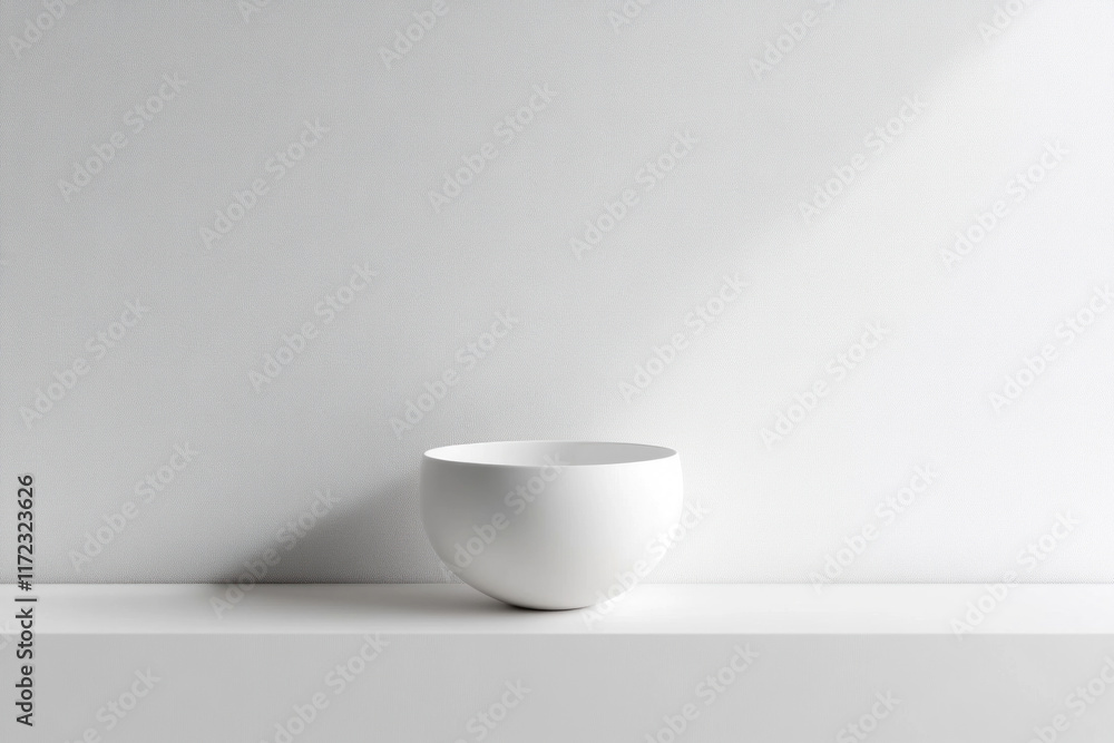 White bowl on white shelf against a gray wall, minimalist clean design. White bowl on white shelf against a gray wall, minimalist clean design.