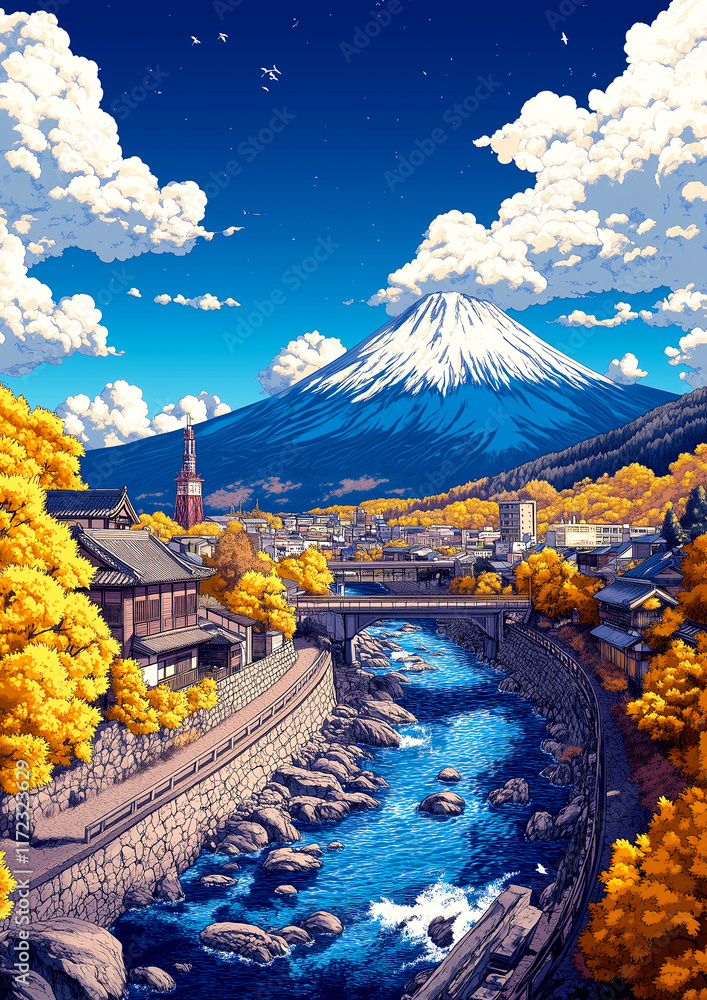 Fototapeta premium A beautiful mountain range with a river running through it. The sky is cloudy and the sun is setting