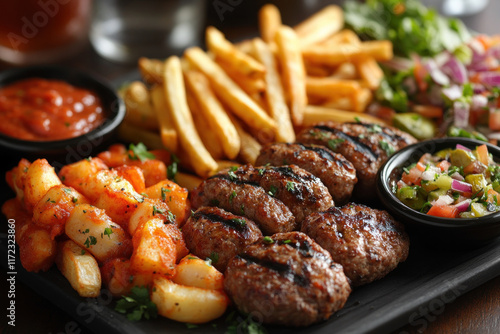 Plate of food with fries, burger, and soda on a table in a cozy cafe setting. A delicious and satisfying meal for lunch or dinner. photo