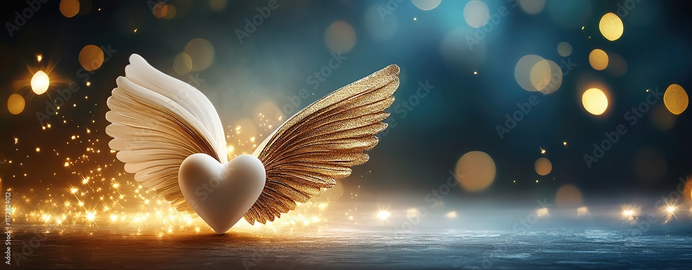 Fototapeta premium An artistic depiction of golden wings spreading from a glowing heart, symbolizing hope and dreams taking flight,