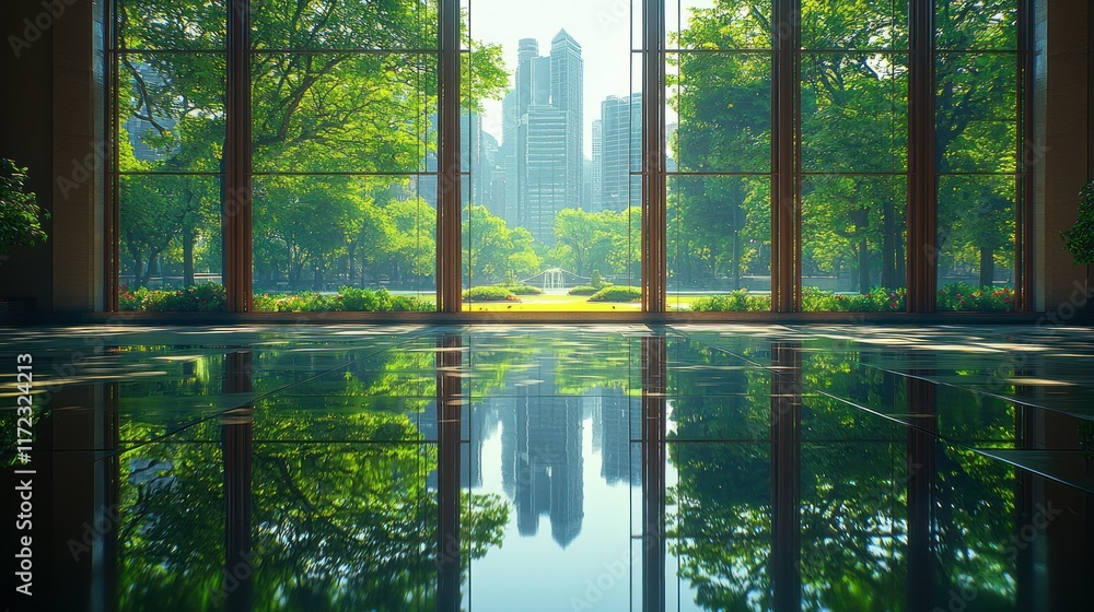 City view from window, reflective floor. City view from window, reflective floor.