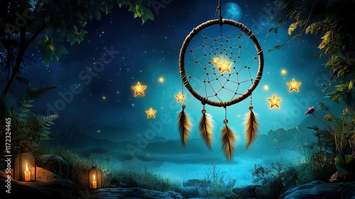 Wallpaper Mural A vibrant illustration of a dreamcatcher catching golden stars, representing capturing dreams and desires, Torontodigital.ca