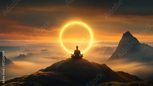 Wallpaper Mural A serene image of a person meditating on a mountain peak with a glowing golden aura, symbolizing clarity and abundance, Torontodigital.ca