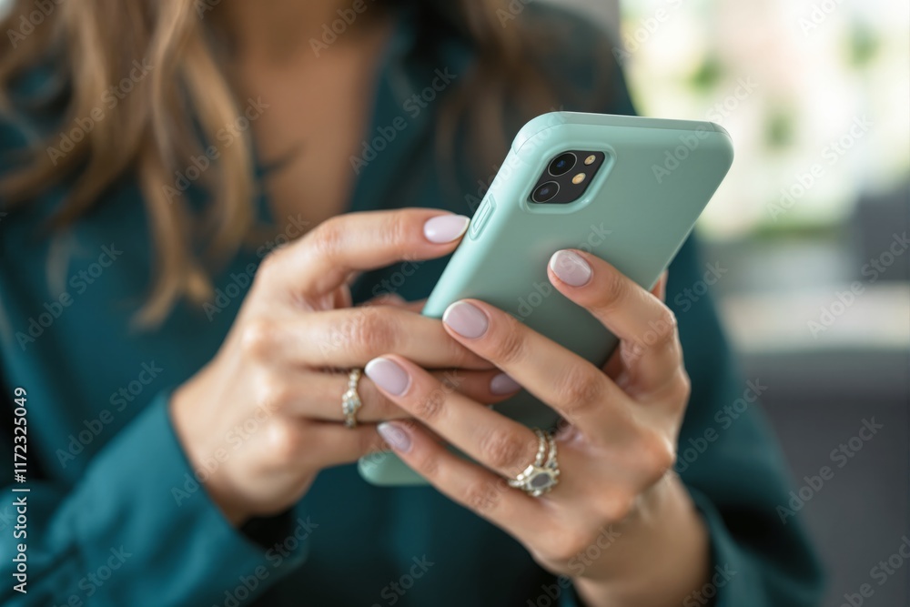 Close-up of hands holding a mint-colored smartphone, focusing on the device and manicured nails. Soft-focus indoor background. Concept of modern communication. Ai generative Close-up of hands holding a mint-colored smartphone, focusing on the device and manicured nails. Soft-focus indoor background. Concept of modern communication. Ai generative