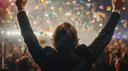 happy businessman with arms outstretched outdoors urban city celebrating winning successful victory crowd business conference meeting confetti celebration