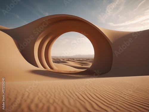 abstract modern minimal background with arch on a desert landscape with sand dunes, doorway in the wall photo