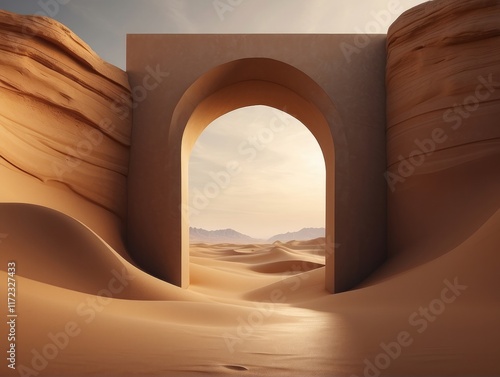 abstract modern minimal background with arch on a desert landscape with sand dunes, doorway in the wall
