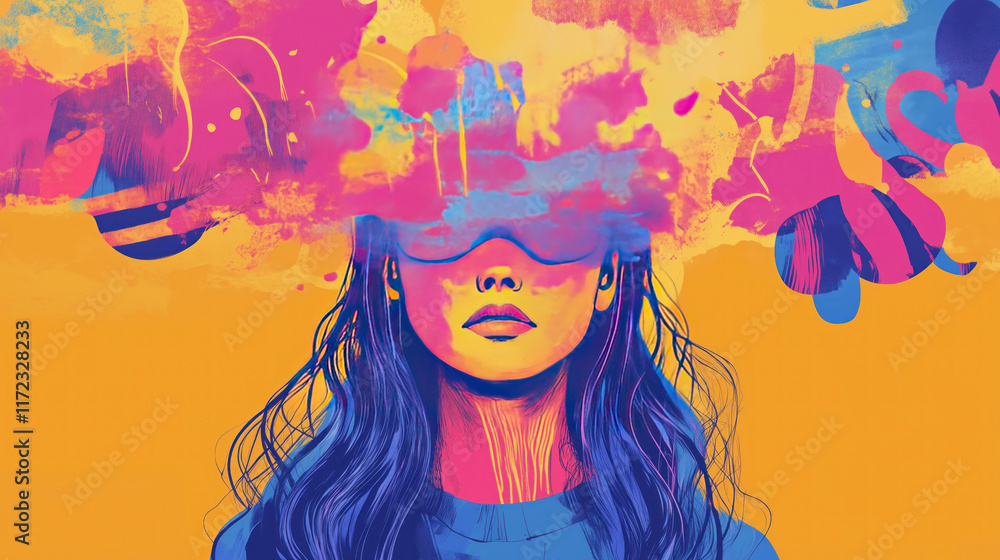Naklejka premium woman wearing eye protection graffiti covered face foggy background cloudy head brain fog loneliness anxiety pensive mental health awareness psychology psychiatry mindfulness 
