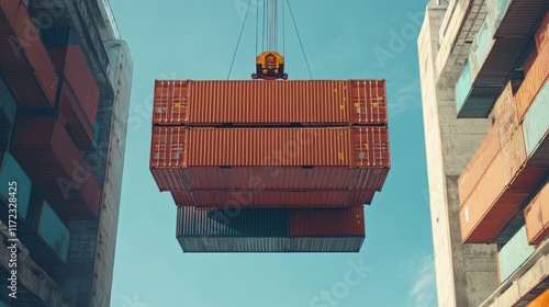 Container being lifted at shipping port front view Cargo handling efficiency, Analogous Color Scheme photo