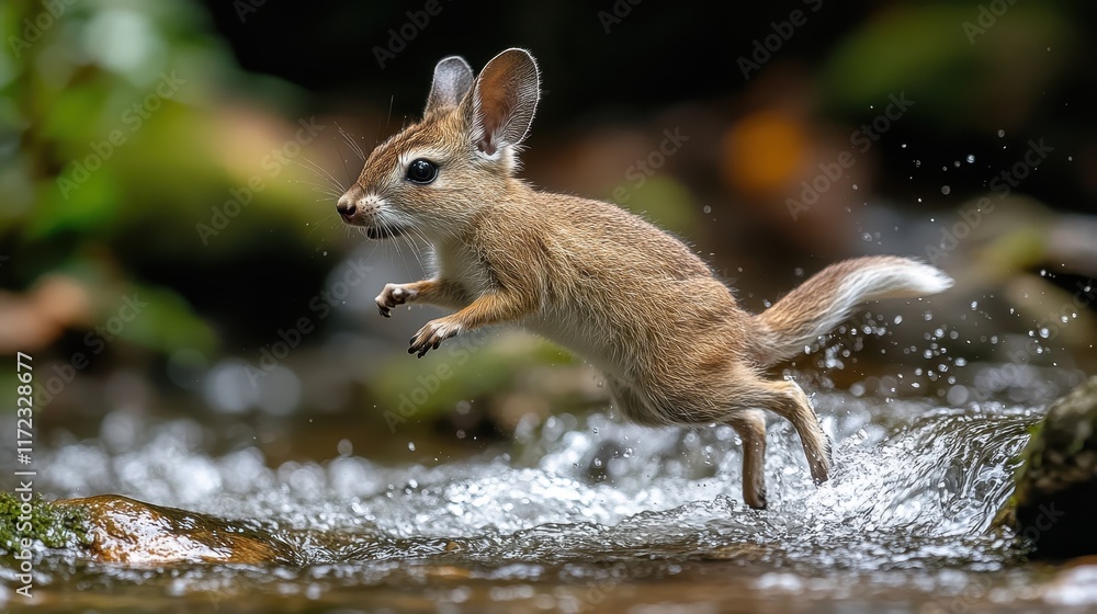 Bandicoot jumping over a small stream, its body frozen mid-air