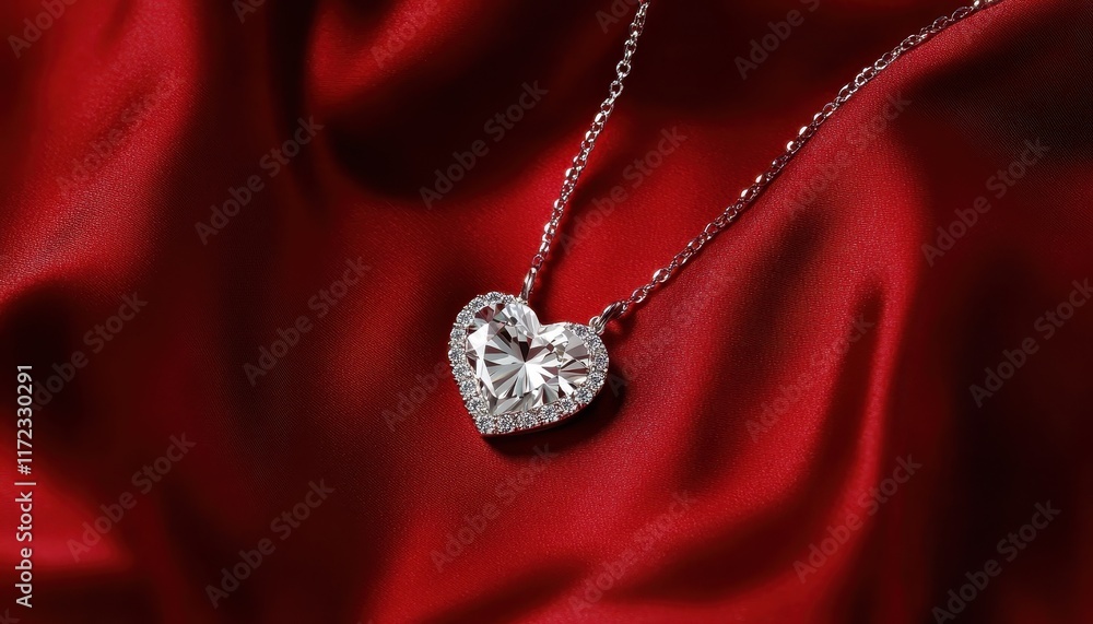 Fototapeta premium Elegant Heart Shaped Diamond Pendant Necklace On Red Fabric