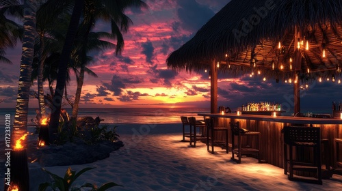 Fototapeta Naklejka Na Ścianę i Meble -  Tropical beach bar at sunset with tiki torches and ocean views 