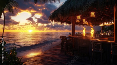 Fototapeta Naklejka Na Ścianę i Meble -  Tropical beach bar at sunset with tiki torches and ocean views 