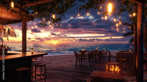 Fototapeta Naklejka Na Ścianę i Meble -  Tropical beach bar at sunset with tiki torches and ocean views 