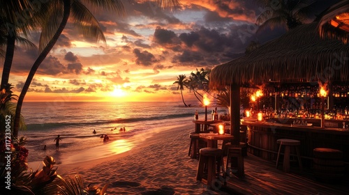 Fototapeta Naklejka Na Ścianę i Meble -  Tropical beach bar at sunset with tiki torches and ocean views 
