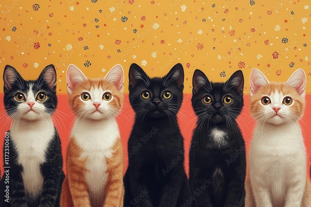 seamless background featuring playful cats in various poses surrounded by colorful patterns creating a lighthearted and whimsical atmosphere perfect for cat lovers and playful designs seamless background featuring playful cats in various poses surrounded by colorful patterns creating a lighthearted and whimsical atmosphere perfect for cat lovers and playful designs