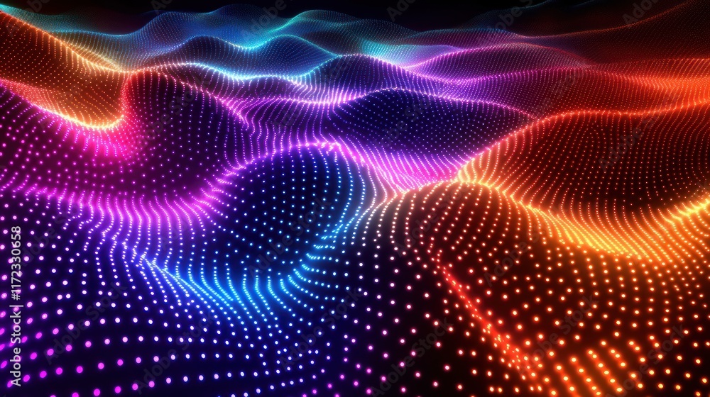 Abstract digital landscape with vibrant waves and glowing dots. Abstract digital landscape with vibrant waves and glowing dots.