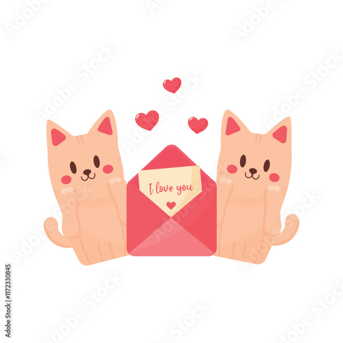 valentine day cute sticker with cats and love letter flat design isolated on white background