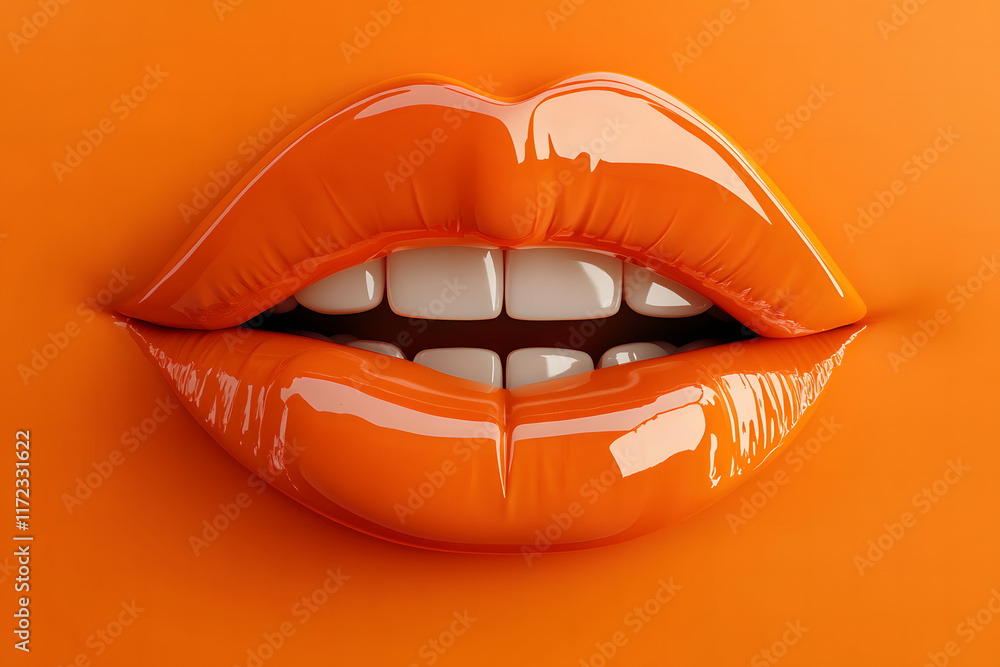 Glossy Orange Lips with Sensual Expression on Textured Background Glossy Orange Lips with Sensual Expression on Textured Background