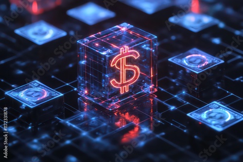 A futuristic financial system depiction, showing a digital dollar symbol inside a transparent block, with additional blocks representing decentralized nodes. photo