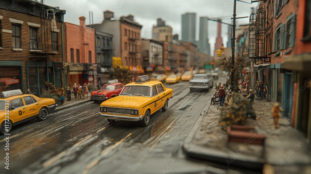 Obraz premium Miniature City Street with Yellow Taxis