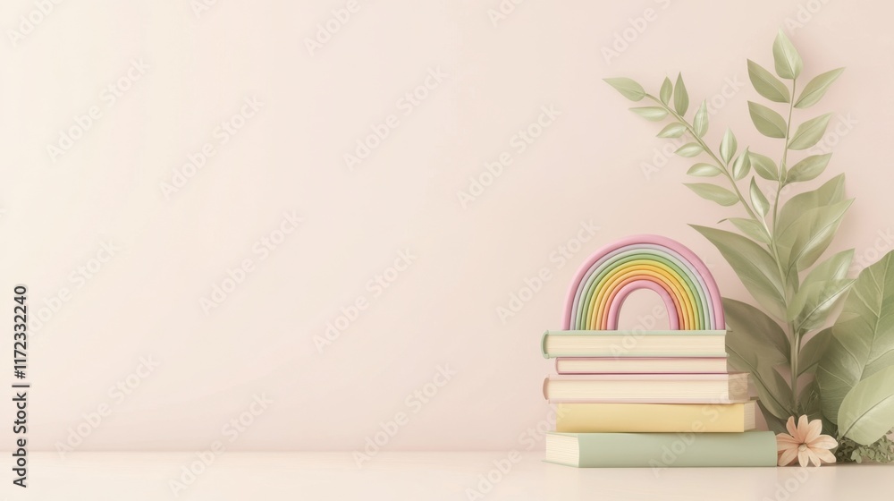 Pastel Rainbow on Stack of Books with Greenery: A Whimsical Springtime Scene