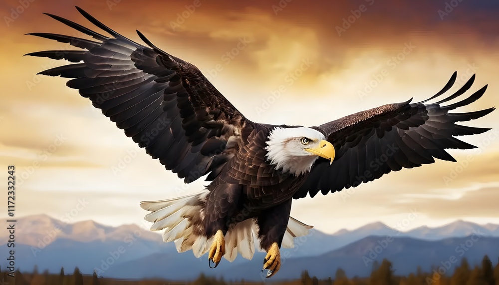 Naklejka premium Majestic Bald Eagle in Flight: Dramatic Sunset Landscape