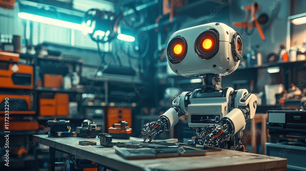 Self-repairing robot assembly in a futuristic workshop technology exploration advanced robotics high-tech environment mechanical innovation Self-repairing robot assembly in a futuristic workshop technology exploration advanced robotics high-tech environment mechanical innovation