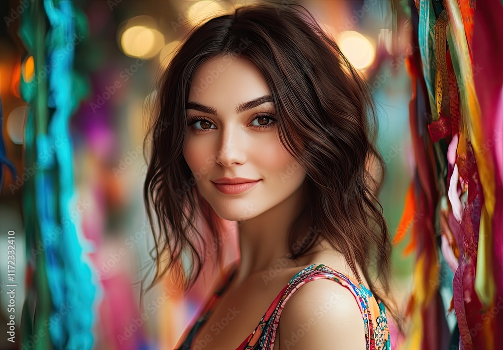 A beautiful woman in the middle of a colorful outdoor market, wearing bohemian-style and posing for the camera with her hair up A beautiful woman in the middle of a colorful outdoor market, wearing bohemian-style and posing for the camera with her hair up