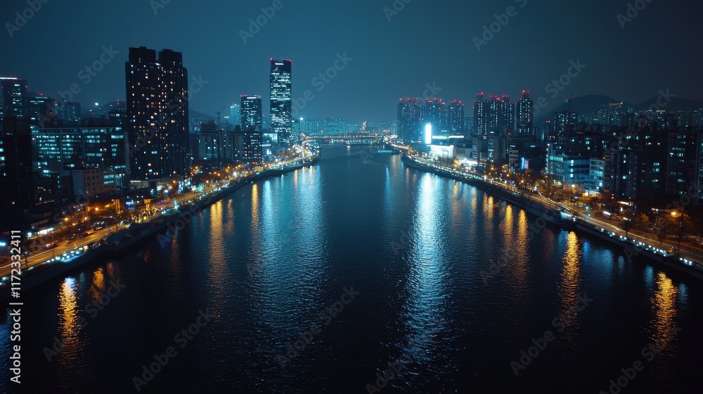 Fototapeta premium Illuminating innovation a smart city at night with interconnected technology standards urban environment aerial view for enhanced connectivity