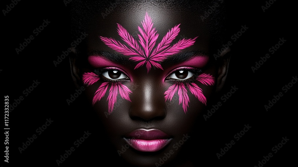Bold Face Art with Pink Leaf Designs on Dark Skin Background Bold Face Art with Pink Leaf Designs on Dark Skin Background