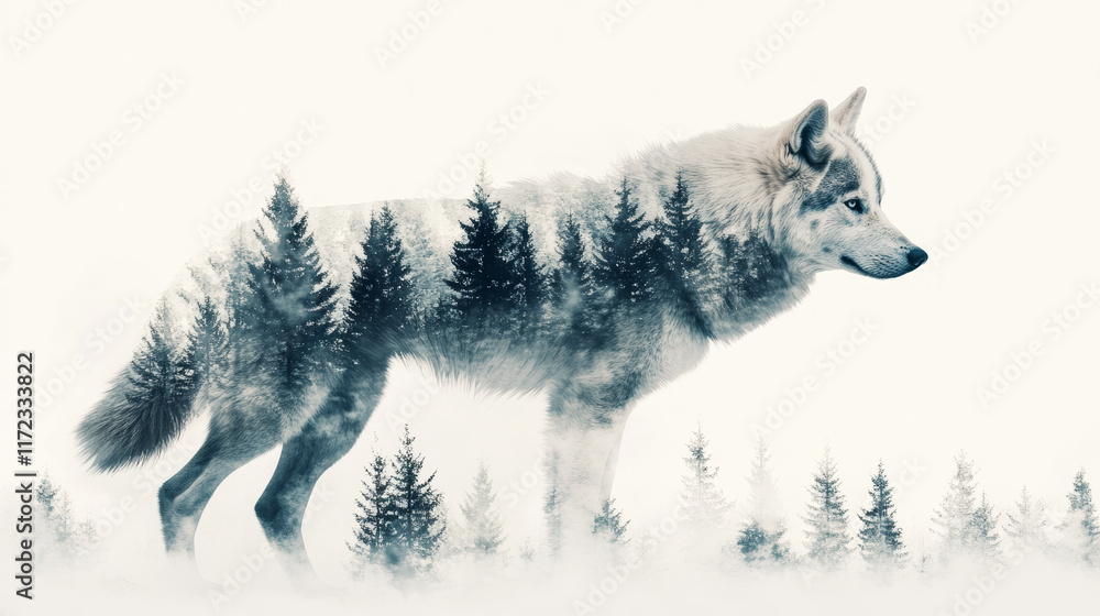 Obraz premium dreamy watercolor double exposure of wolf with forest trees