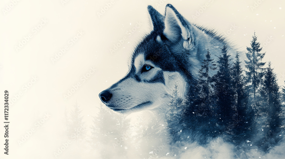 Naklejka premium dreamy watercolor double exposure of wolf and forest scenery