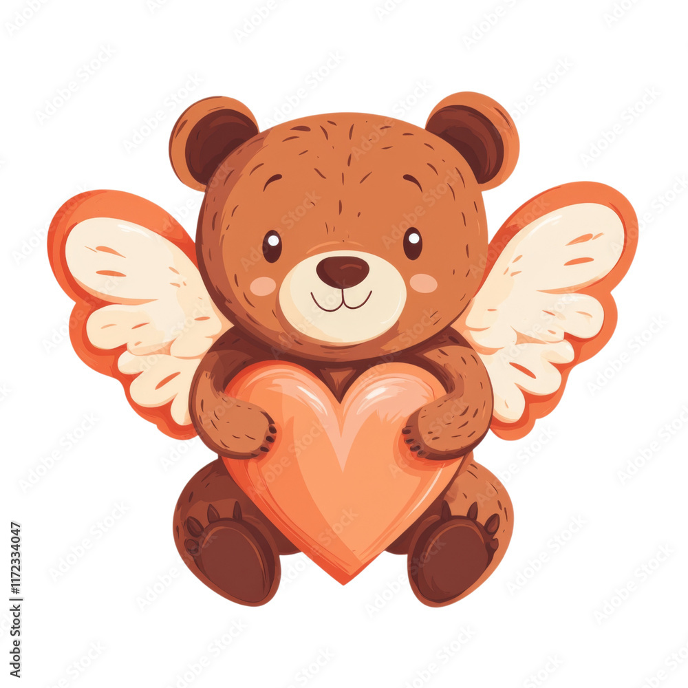 Obraz premium Cute Cartoon Teddy Bear with Angel Wings Holding a Heart - Adorable Illustration for Valentine's Day and Children's Themes