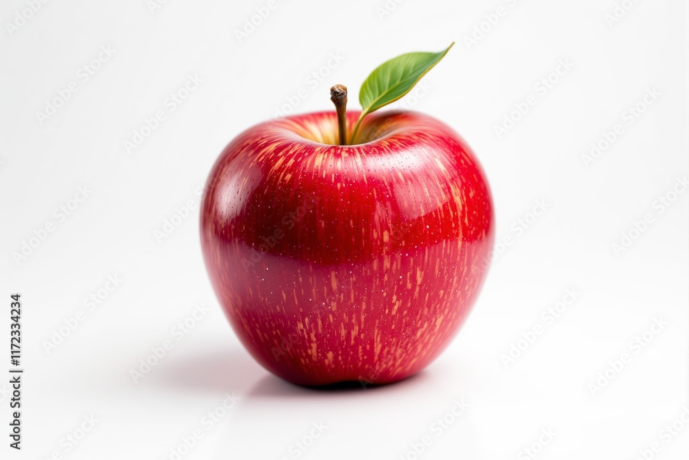 Fresh red apple with a green leaf, close-up view, placed on a white background. Concept of healthy eating, freshness, and nutrition. Ai generative Fresh red apple with a green leaf, close-up view, placed on a white background. Concept of healthy eating, freshness, and nutrition. Ai generative