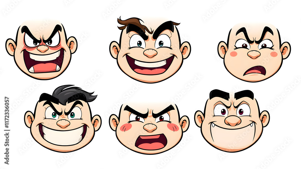 Fototapeta premium Six different faces with varying expressions, including angry, happy, and sad