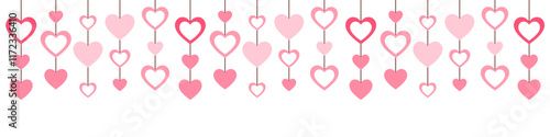 Hanging Heart Decoration Banner, Pink and Red Hearts on Strings for Love Romance, and Celebration Vector Illustration for Valentine's Day Festive or wedding Design and Seasonal	
